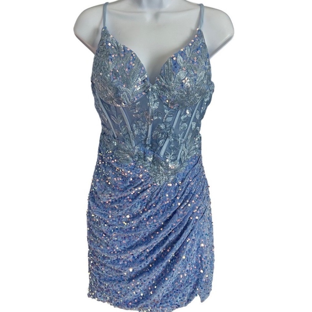 BXZ Sequined Ruched Corset Mini‎ Dress. Size 5. Baby Blue.